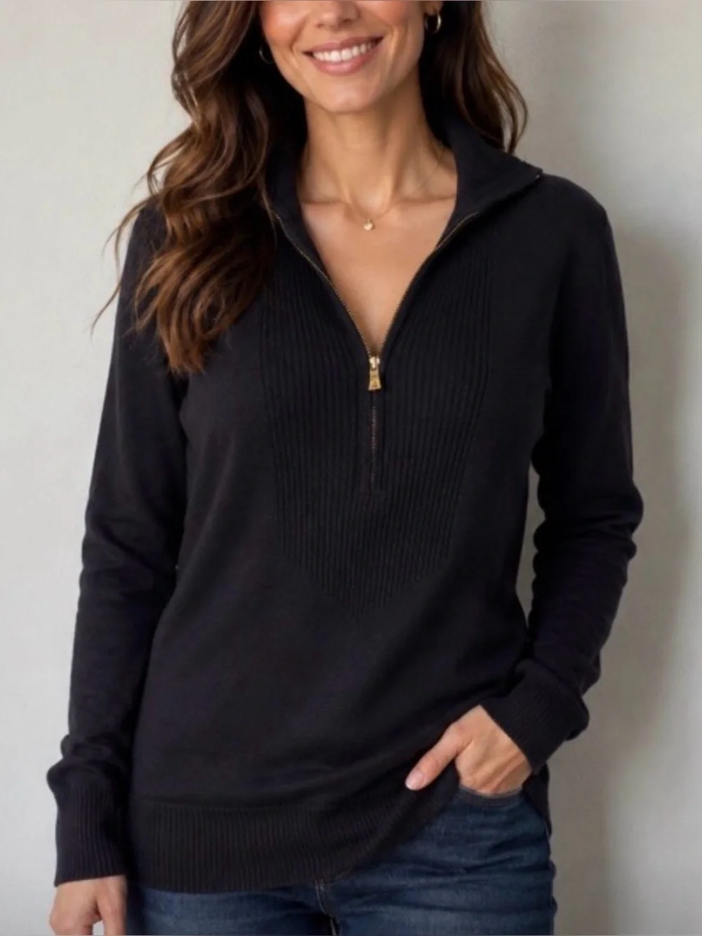 Tory Burch Black Longline Wool Blend Ribbed Half Zip Sweater